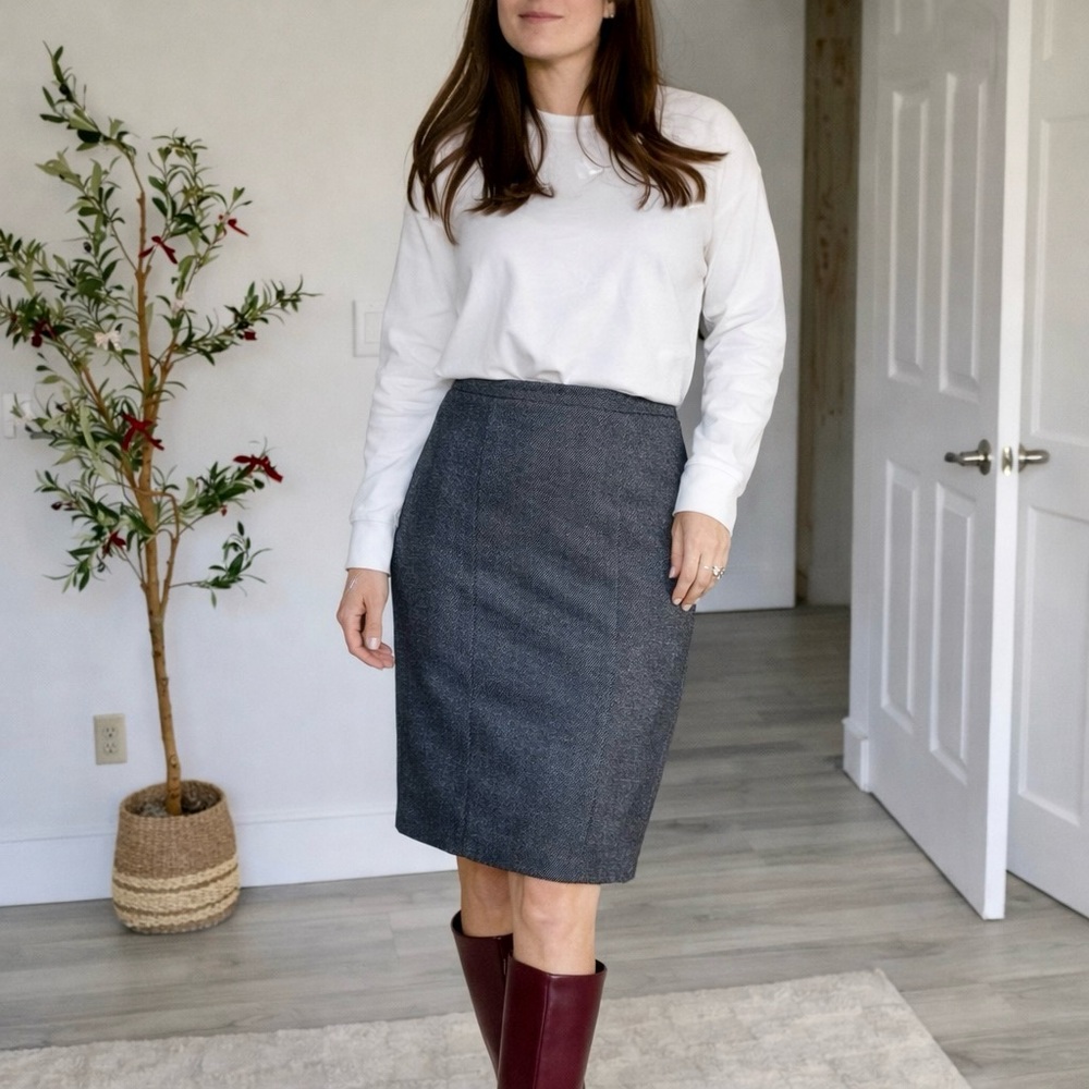 Classic Tailored US 10 Pencil Skirt Textured Woven Charcoal Gray‎ Back Zip
